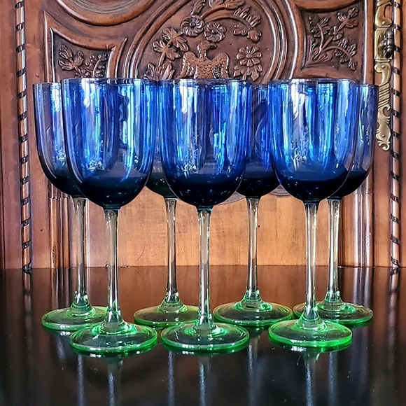 Block Other - (7) "Festive Blue Green" 8oz Blown Wine Glasses by Block